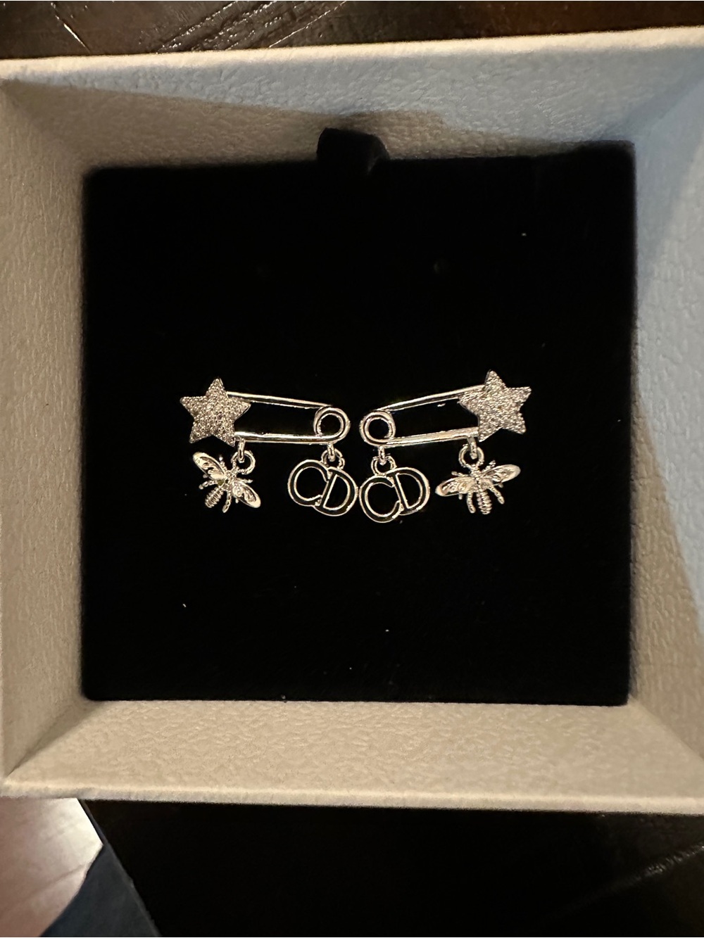 Gold Star Safety Pin Earrings with Bee & CD Charms